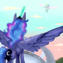 Size: 2000x2000 | Tagged: safe, artist:saoiirse, princess celestia, princess luna, alicorn, pony, elements of power, flying, large wings