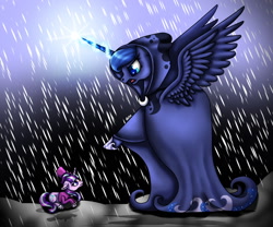 Size: 1200x1000 | Tagged: safe, artist:inspiredpixels, princess luna, snowfall frost, starlight glimmer, alicorn, pony, a hearth's warming tail, scene interpretation, size difference, snow, spirit of hearth's warming yet to come