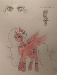 Size: 1440x1901 | Tagged: safe, artist:n1ght_r0se98, oc, oc only, oc:night rose, alicorn, alicorn oc, broach, choker, clothes, cutie mark, fishnet stockings, green eyes, long mane, red fur, reference sheet, solo, stockings, tattoo, thigh highs, traditional art, white mane, wings