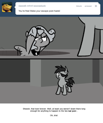 Size: 666x800 | Tagged: safe, artist:egophiliac, princess luna, oc, oc:sunshine smiles (egophiliac), bat pony, pony, eyepatch, filly, flying, grayscale, hole, monochrome, moonstuck, woona, younger