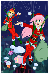 Size: 1673x2534 | Tagged: safe, artist:shoxxe, colorist:phallen1, fluttershy, rainbow dash, christmas, humanized, parachute, skydiving