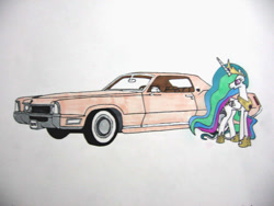 Size: 1024x768 | Tagged: safe, artist:patridam, princess celestia, alicorn, pony, cadillac, cadillac eldorado, car, solo, traditional art