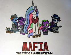 Size: 862x677 | Tagged: safe, artist:patridam, princess celestia, rainbow dash, rarity, spike, twilight sparkle, alicorn, dragon, pegasus, pony, unicorn, clothes, crossover, depression, explosives, glasses, gun, hat, mafia, suit, the city of lost heaven, thirties, traditional art