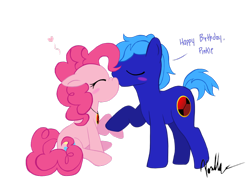 Size: 900x694 | Tagged: safe, artist:miss-vani, pinkie pie, oc, oc:rob stallion, earth pony, pony, blushing, canon x oc, female, kissing, male, not megaman, shipping, straight