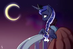 Size: 1200x800 | Tagged: safe, artist:haden-2375, princess luna, alicorn, pony, balcony, braid, clothes, dress, moon, solo