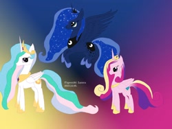 Size: 1600x1200 | Tagged: safe, artist:lauramlp, princess cadance, princess celestia, princess luna, alicorn, pony, crown, female, horn, jewelry, mare, regalia, siblings, sisters