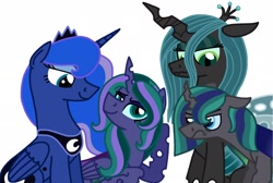 Size: 2047x1376 | Tagged: safe, artist:kindheart525, princess luna, queen chrysalis, oc, oc:firefly, oc:philia agape armet, alicorn, changeling, changeling queen, changepony, hybrid, pony, alicorn oc, emo, interspecies offspring, kindverse, magical lesbian spawn, offspring, parent:princess luna, parent:queen chrysalis, parent:shining armor, parents:chrysaluna, parents:shining chrysalis, story included