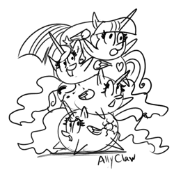 Size: 1285x1253 | Tagged: safe, artist:allyclaw, princess cadance, princess celestia, princess luna, twilight sparkle, twilight sparkle (alicorn), alicorn, pony, blob, blob ponies, group, monochrome, pony blob, pony pile