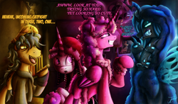 Size: 1250x736 | Tagged: safe, artist:jamescorck, princess cadance, queen chrysalis, oc, oc:movie slate, alicorn, changeling, changeling queen, pony, unicorn, christmas, clothes, crossover, group, ponified, scrooged, taxi driver, the ghost of christmas past, the ghost of christmas present, the ghost of christmas yet to come