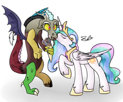 Size: 800x667 | Tagged: safe, artist:shiverbear, discord, princess celestia, alicorn, pony, dislestia, female, flower, kiss on the cheek, kissing, male, shipping, straight