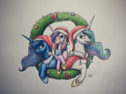 Size: 3200x2400 | Tagged: safe, artist:lupiarts, princess cadance, princess celestia, princess luna, alicorn, pony, advent calendar, candy, candy cane, christmas, food, hat, princess, santa hat, traditional art