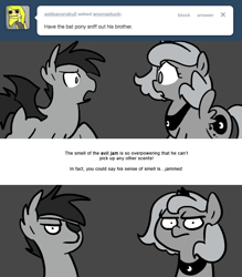 Size: 666x761 | Tagged: safe, artist:egophiliac, princess luna, oc, oc:sunshine smiles (egophiliac), bat pony, pony, eyepatch, filly, grayscale, monochrome, moonstuck, pun, unamused, woona, woonoggles, younger