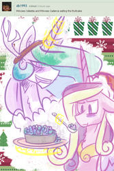 Size: 1000x1500 | Tagged: safe, artist:dracojayproduct, princess cadance, princess celestia, alicorn, pony, ask the lie cast, christmas, fruit cake, hat, reindeer antlers, santa hat