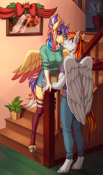 Size: 800x1347 | Tagged: safe, artist:margony, oc, oc only, oc:cookie, oc:heartfire, anthro, pegasus, unguligrade anthro, anthro oc, blushing, christmas, clothes, commission, cute, denim skirt, female, holiday, indoors, jeans, large wings, leg warmers, male, oc x oc, pants, scarf, shipping, skirt, socks, stairs, straight, thigh highs, wings