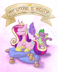 Size: 969x1200 | Tagged: safe, artist:1trick, princess cadance, spike, alicorn, dragon, pony, belly, confetti, dialogue, eyes closed, fanning, feminist ponies, hilarious in hindsight, mouthpiece, old banner, pillow, pregnant, prone, smiling, subversive kawaii