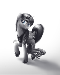 Size: 960x1200 | Tagged: safe, artist:lollipony, princess luna, alicorn, pony, female, gradient background, grayscale, mare, monochrome, raised hoof, solo