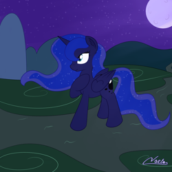 Size: 1280x1280 | Tagged: safe, artist:vaetan, princess luna, alicorn, pony, full moon, moon, night, night sky, raised hoof, smiling, solo, stars