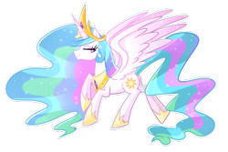 Size: 1024x683 | Tagged: safe, artist:kaji-tanii, princess celestia, alicorn, pony, crown, female, horn, mare, multicolored mane, multicolored tail, solo, white coat, white wings, wings