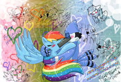 Size: 900x608 | Tagged: safe, artist:mordecairigbylover, rainbow dash, pegasus, pony, blushing, crossover, crossover shipping, female, heart, hug, kissing, male, mordecai, mordedash, regular show, shipping, straight