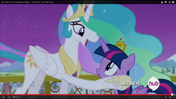 Size: 1366x768 | Tagged: safe, screencap, princess celestia, twilight sparkle, twilight sparkle (alicorn), alicorn, pony, female, hub logo, mare