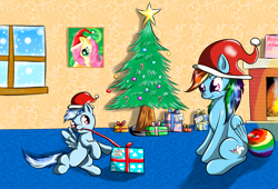 Size: 2200x1500 | Tagged: safe, artist:ac-whiteraven, derpy hooves, rainbow dash, oc, oc:tempest, pegasus, pony, christmas, female, mare, mother and child, mother and son, offspring, parent and child, parent:rainbow dash, parent:unnamed oc, parents:canon x oc