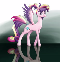 Size: 4156x4288 | Tagged: safe, artist:plotcore, princess cadance, alicorn, pony, absurd resolution, alternate hairstyle, ponytail, reflection, solo, spread wings, tail wrap