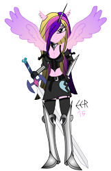 Size: 1995x3079 | Tagged: safe, artist:e-e-r, princess cadance, equestria girls, belly button, cleavage, dark mirror universe, evil cadance, female, midriff, mirror universe, ponied up, simple background, solo, sword, transparent background, vector, weapon