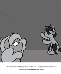 Size: 666x800 | Tagged: safe, artist:egophiliac, princess luna, oc, oc:sunshine smiles (egophiliac), bat pony, pony, eyepatch, filly, grayscale, monochrome, moonstuck, wall, woona, woonoggles, younger