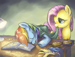 Size: 800x604 | Tagged: safe, artist:flutterdashwhore, fluttershy, rainbow dash, pegasus, pony, blanket, book, drool, female, flutterdash, goggles, lesbian, shipping, sleeping, wonderbolt trainee uniform