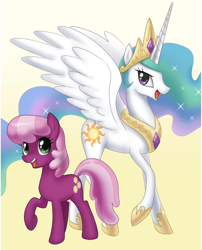 Size: 648x802 | Tagged: source needed, safe, artist:johnjoseco, cheerilee, princess celestia, alicorn, pony, duo, gradient background, nicole oliver, simple background, voice actor pun