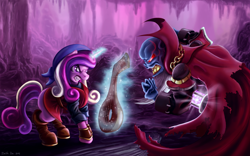 Size: 2000x1250 | Tagged: safe, artist:skodadav, princess cadance, alicorn, pony, cadence (crypt of the necrodancer), caves, colored, conflict, crossover, crypt of the necrodancer, digital art, female, glowing horn, gritted teeth, horn, levitation, magic, male, pun, telekinesis