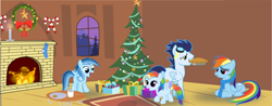 Size: 900x351 | Tagged: safe, artist:selecteddash, rainbow dash, soarin', oc, oc:ragtag, oc:shooting star, pegasus, pony, family, female, hearth's warming eve, male, offspring, parent:rainbow dash, parent:soarin', parents:soarindash, shipping, soarindash, straight