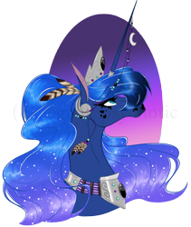 Size: 1305x1547 | Tagged: safe, artist:legally-psychotic, princess luna, alicorn, horse, pony, bust, color porn, crown, eyelashes, feather, horn jewelry, horn ring, horsified, jewelry, lidded eyes, looking up, modified accessory, necklace, portrait, profile, regalia, simple background, solo, transparent background, watermark