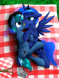 Size: 1500x2000 | Tagged: safe, artist:10art1, princess luna, oc, alicorn, pony, bedroom eyes, canon x oc, cute, licking, male, picnic, shipping, snuggling, straight, tongue out