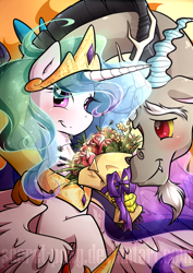 Size: 620x876 | Tagged: safe, artist:secret-pony, discord, princess celestia, alicorn, pony, twilight's kingdom, dislestia, female, flower, male, shipping, straight