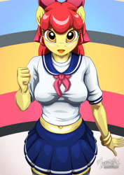 Size: 955x1351 | Tagged: safe, artist:mysticalpha, apple bloom, anthro, earth pony, belly button, bow, bracelet, caramella girls, caramelldansen, clenched fist, clothes, cute, female, hair bow, jewelry, looking at you, midriff, older, open mouth, pleated skirt, sailor uniform, skirt, socks, solo, thigh highs, zettai ryouiki