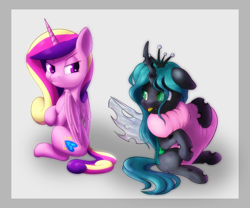 Size: 2640x2200 | Tagged: safe, artist:whazzam95, princess cadance, queen chrysalis, alicorn, changeling, changeling queen, nymph, pony, angry, cute, cutealis, cutedance, duo, duo female, female, grumpy, heart, looking at each other, madorable, tongue out