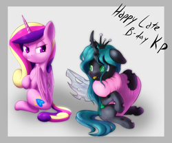 Size: 2640x2200 | Tagged: safe, artist:whazzam95, princess cadance, queen chrysalis, alicorn, changeling, changeling queen, pony, heart, tongue out