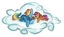 Size: 3744x2175 | Tagged: safe, artist:littletiger488, rainbow dash, scootaloo, bird, pegasus, pony, bandage, cloud, cute, injured, on a cloud, scootalove