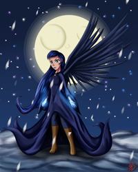 Size: 2000x2500 | Tagged: safe, artist:udlx, princess luna, human, cloak, clothes, humanized, moon, snow, solo, spirit of hearth's warming yet to come, winged humanization