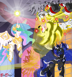 Size: 838x900 | Tagged: safe, artist:brodogz, princess celestia, princess luna, alicorn, pony, chaos in equestria, commission, crossover, fanfic art, fight, sonic the comic, sonic the hedgehog (series), warrior celestia, warrior luna