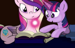 Size: 1024x664 | Tagged: safe, artist:muddy-waters, princess cadance, twilight sparkle, alicorn, pony, bedtime story, book, filly, filly twilight sparkle, magic, teen princess cadance, telekinesis