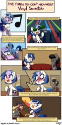 Size: 5015x10000 | Tagged: safe, artist:bloodatius, derpy hooves, dj pon-3, night light, octavia melody, scootaloo, shining armor, vinyl scratch, oc, dragon, pegasus, pony, series:five things you didn't know, absurd resolution, blushing, bow (instrument), cello bow, comic, dragonified, female, fire, fire breath, headcanon, horns, lesbian, magic, mare, mute vinyl, raised hoof, rave, scootadragon, scratchtavia, shipping, siblings, species swap, witness me