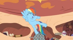 Size: 1577x857 | Tagged: safe, screencap, rainbow dash, pegasus, pony, blue coat, female, mare, multicolored mane, solo, youtube caption, youtube link