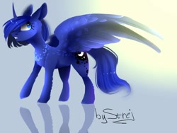 Size: 800x600 | Tagged: safe, artist:strejette, princess luna, alicorn, pony, cutie mark, female, horn, reflection, simple background, solo, spread wings, wings