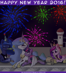 Size: 800x881 | Tagged: safe, artist:deusexequus, princess cadance, princess celestia, princess luna, twilight sparkle, twilight sparkle (alicorn), alicorn, pony, ask the princess of friendship with benefits, alicorn tetrarchy, female, fireworks, grin, happy new year, happy new year 2016, hug, lesbian, mare, night, prone, shipper on deck, shipping, twilestia, winghug