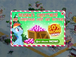 Size: 960x720 | Tagged: safe, rainbow dash, pegasus, pony, advertisement, christmas, gameloft, hearth's warming eve, holiday, official, rainbow dash is best facemaker, wingless, you had one job