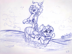 Size: 1200x900 | Tagged: safe, artist:kp-shadowsquirrel, princess celestia, princess luna, alicorn, pony, ballpoint pen, boat, cewestia, filly, monochrome, sketch, traditional art, woona