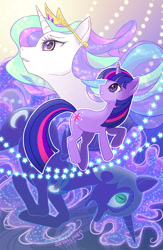 Size: 522x800 | Tagged: safe, artist:skimlines, nightmare moon, princess celestia, twilight sparkle, unicorn twilight, alicorn, pony, unicorn, fangs, female, looking at you, looking up, mare, open mouth, upside down, white outline