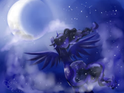 Size: 800x600 | Tagged: safe, artist:pinkymynery2212, princess luna, alicorn, pony, constellation, crescent moon, flying, moon, solo, stars